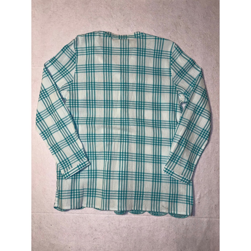 Tog Shop Plaid Tunic Shirt Embroidered Hem Women's L Teal White - Picture 7 of 7
